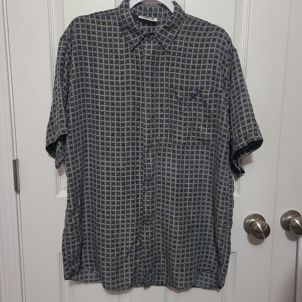 Vintage Cambio Italia Mens Silk Short Sleeve Button Down Shirt Blue Olive Size M